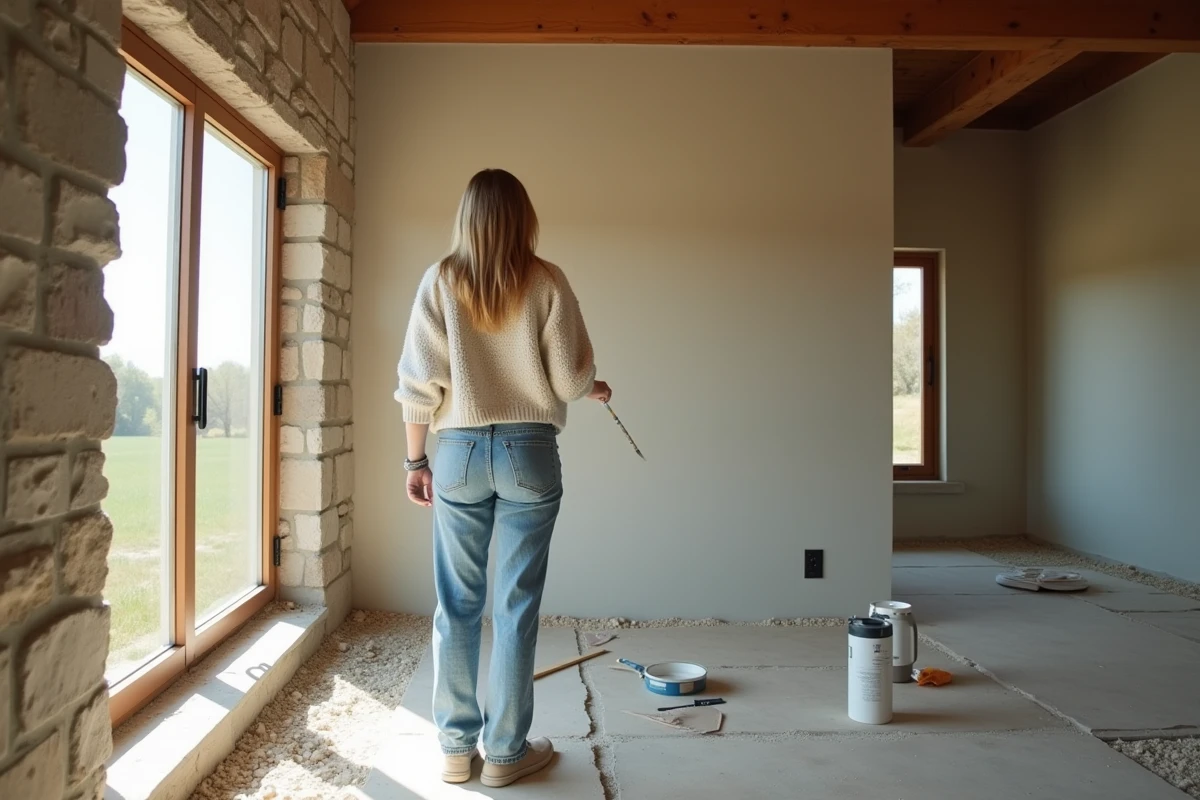 Jeune femme peint un mur intérieur dans une ancienne ferme en transformation