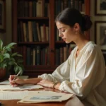 Femme étudiant de vieilles photographies et lettres de famille dans une pièce chaleureuse évoquant l'histoire familiale