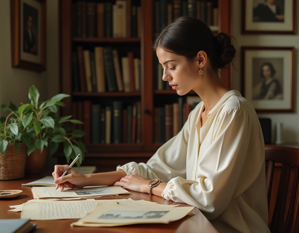 Femme étudiant de vieilles photographies et lettres de famille dans une pièce chaleureuse évoquant l'histoire familiale