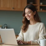 Femme concentrée travaillant sur son ordinateur dans la cuisine