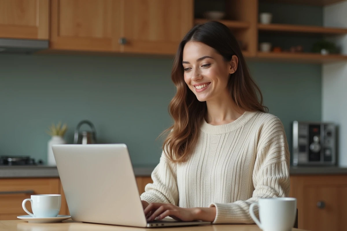 Femme concentrée travaillant sur son ordinateur dans la cuisine