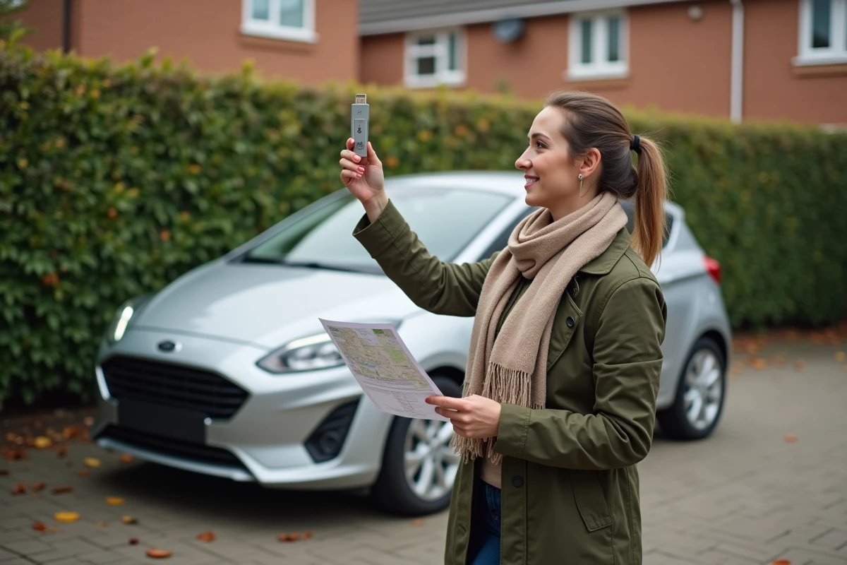 Femme avec clé USB et guide GPS devant sa voiture