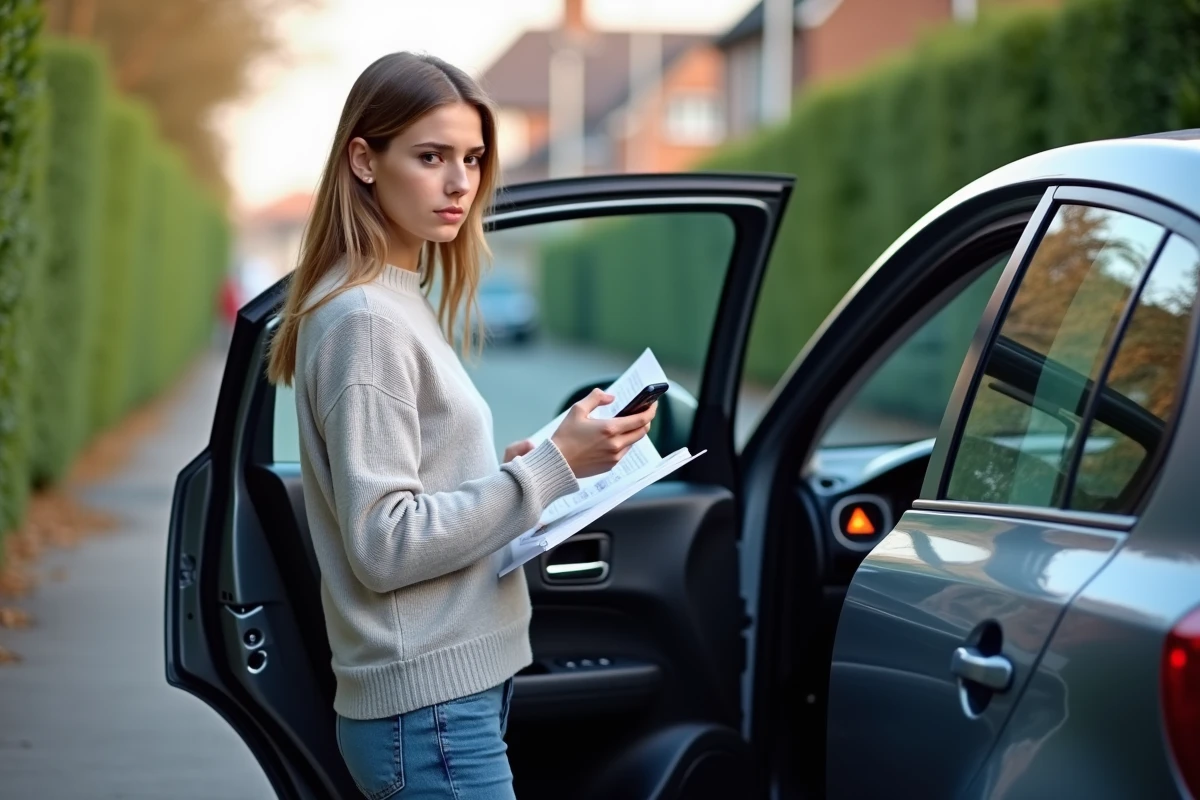 Jeune femme lisant un manuel auto à côté de sa voiture