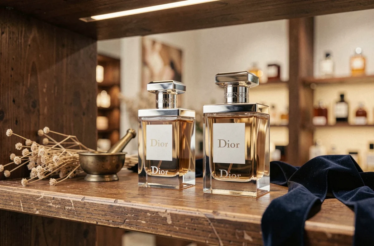 Deux flacons de parfum Dior homme disposés sur une étagère en chêne dans une boutique de parfumerie haut de gamme