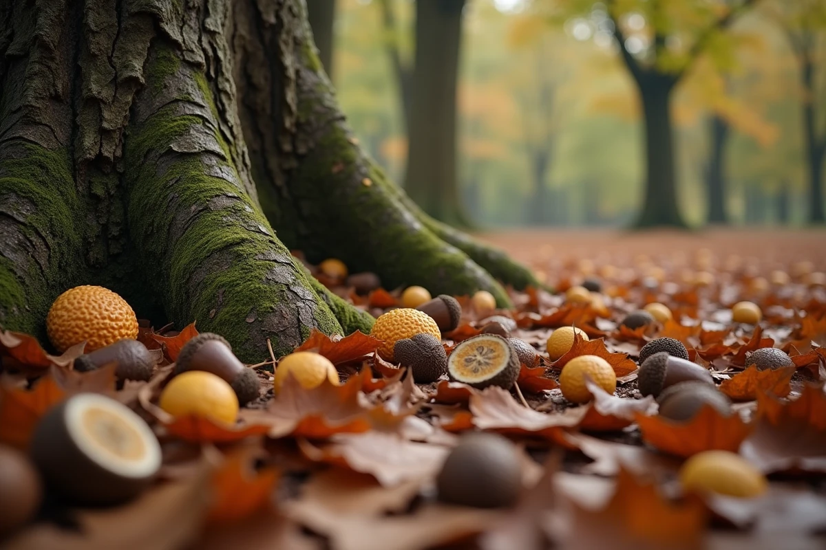 Galles de chêne tombées sur le sol forestier en automne parmi les feuilles mortes et les glands