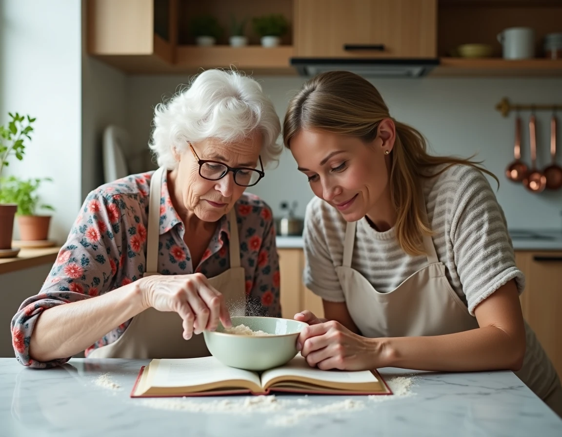 Grand-mère et petite-fille adulte préparant une recette ensemble dans une cuisine familiale, évoquant le rôle essentiel de la famille dans l'épanouissement des seniors