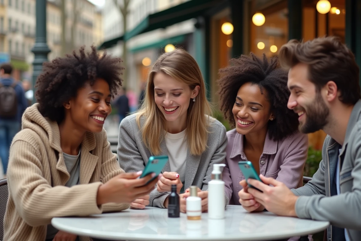 Jeunes discutant de produits de beauté au café en plein air