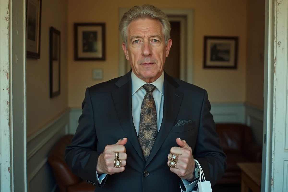 Homme en costume de marque avec des accessoires ostentatoires dans un appartement modeste, illustrant le comportement typique des faux riches