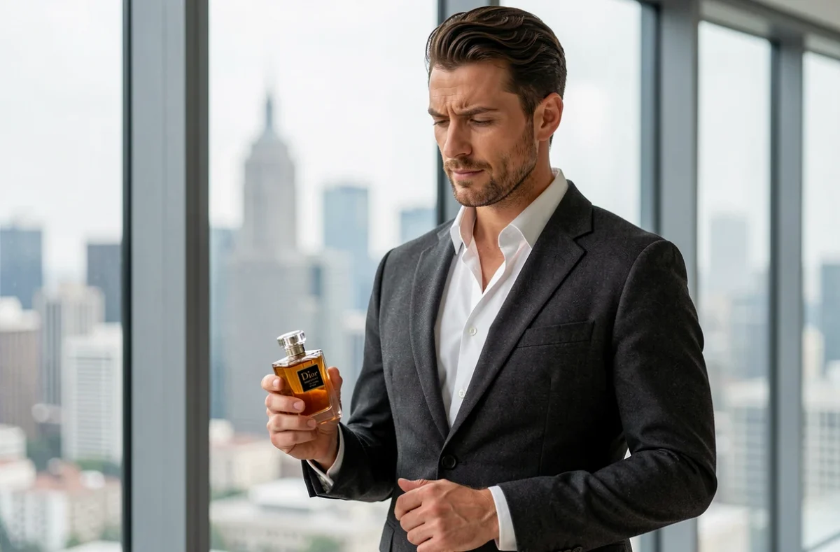Homme élégant en costume gris tenant un parfum Dior dans un appartement moderne avec vue urbaine