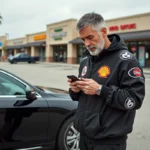 Homme portant une tenue de marque tape-à-l'oeil devant une voiture de luxe louée dans un parking ordinaire, illustrant les signes des faux riches