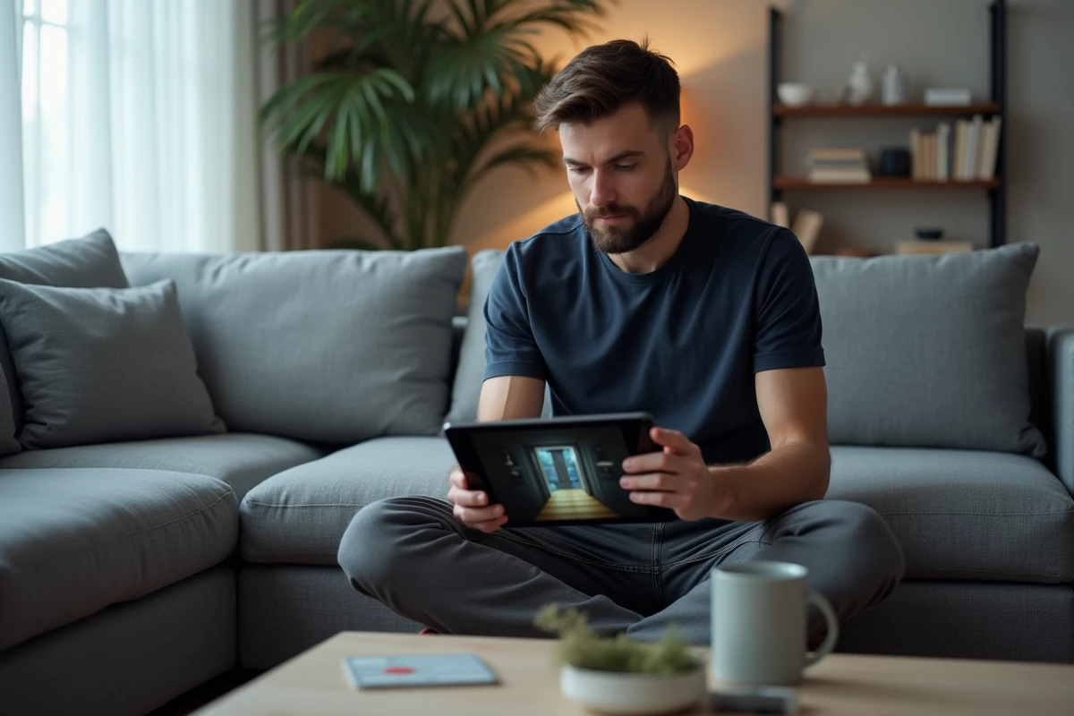 Homme jouant à un jeu d'évasion de salle sur tablette dans un salon scandinave moderne
