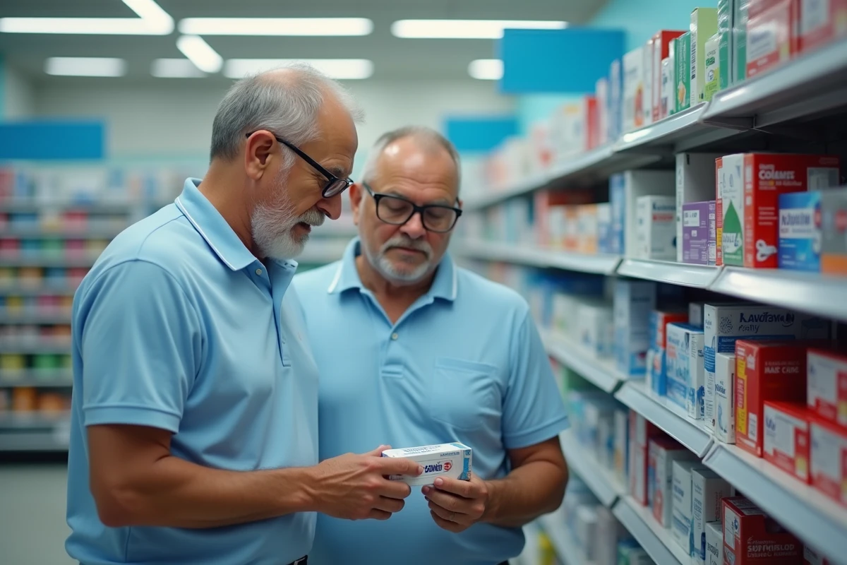 Homme dans une pharmacie lisant une étiquette de dentifrice