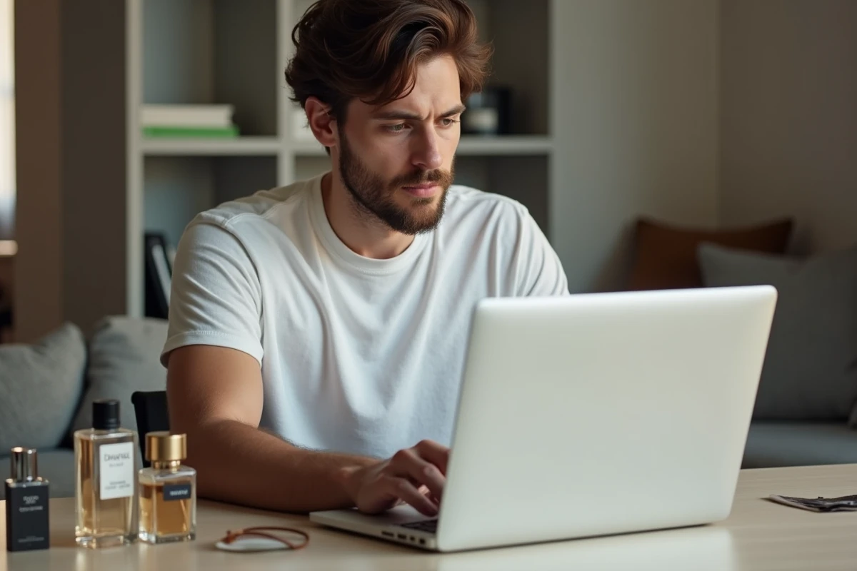Jeune homme comparant prix de parfums sur son ordinateur