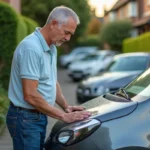 Homme moyenâgeux polissant le bumper de sa voiture