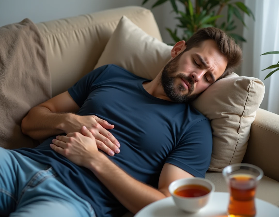 Homme allongé en position antalgique sur un canapé avec la main sur l'abdomen, évoquant une douleur gastrique ou pancréatique persistante