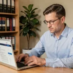 Homme consultant un site administratif en ligne pour entamer une procédure de levée d'opposition au transfert de carte grise