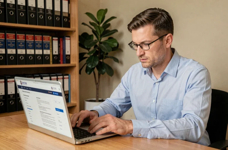 Homme consultant un site administratif en ligne pour entamer une procédure de levée d'opposition au transfert de carte grise