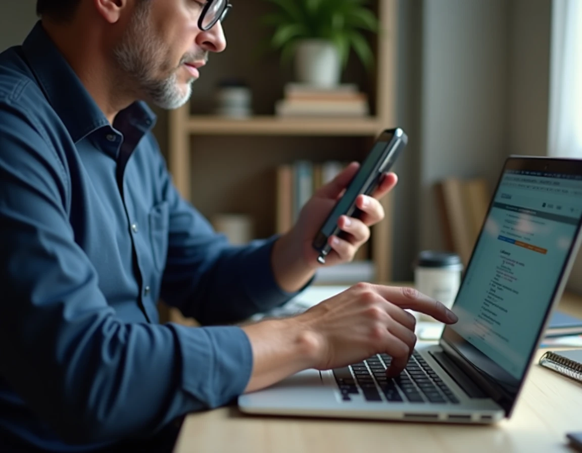 Homme recherchant un numéro de téléphone inconnu sur son ordinateur portable dans un bureau à domicile