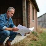 Homme en tenue de travail denim examine des plans de renovation devant une vieille grange