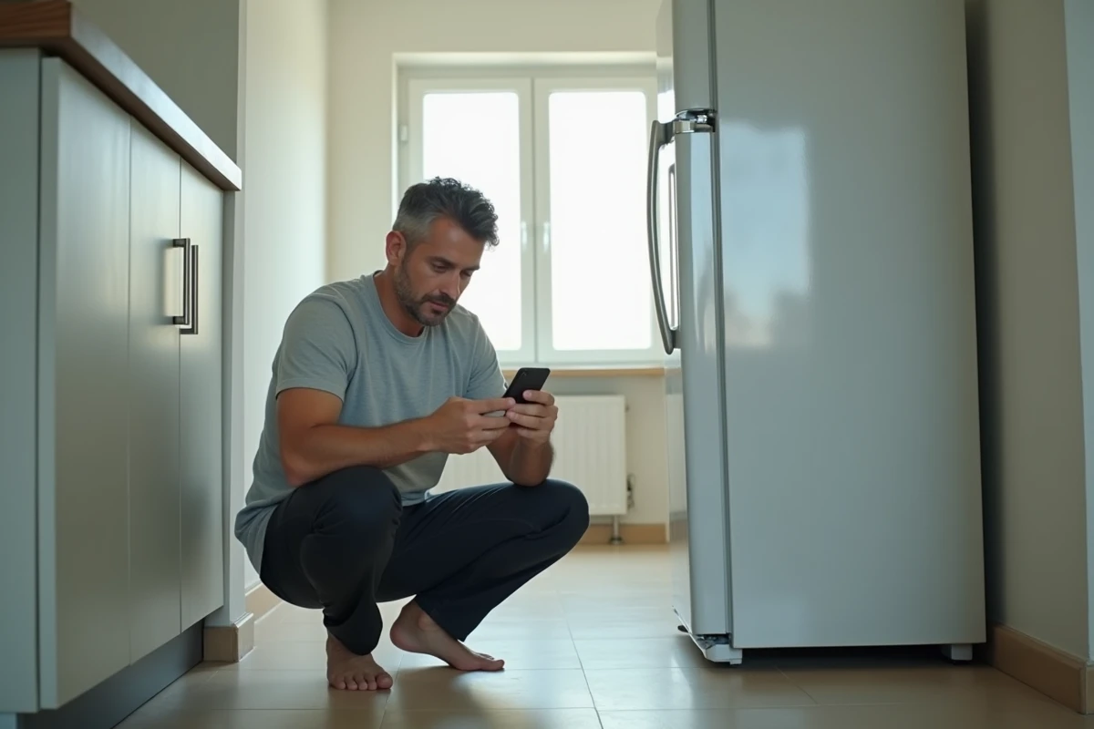 Homme vérifiant un réfrigérateur pour une réparation
