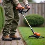 Homme utilisant un rotofil électrique pour border une pelouse dans un jardin de banlieue, vue en plan rapproché trois quarts