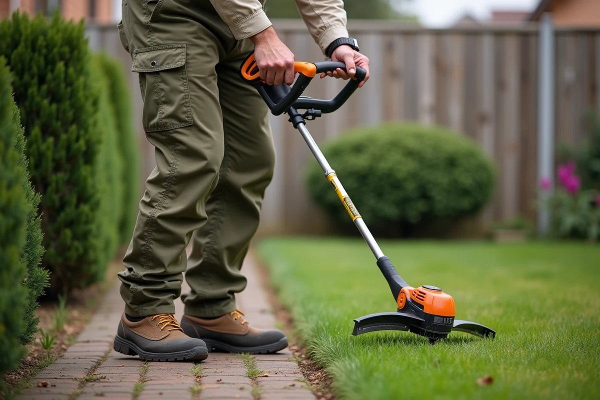 Homme utilisant un rotofil électrique pour border une pelouse dans un jardin de banlieue, vue en plan rapproché trois quarts