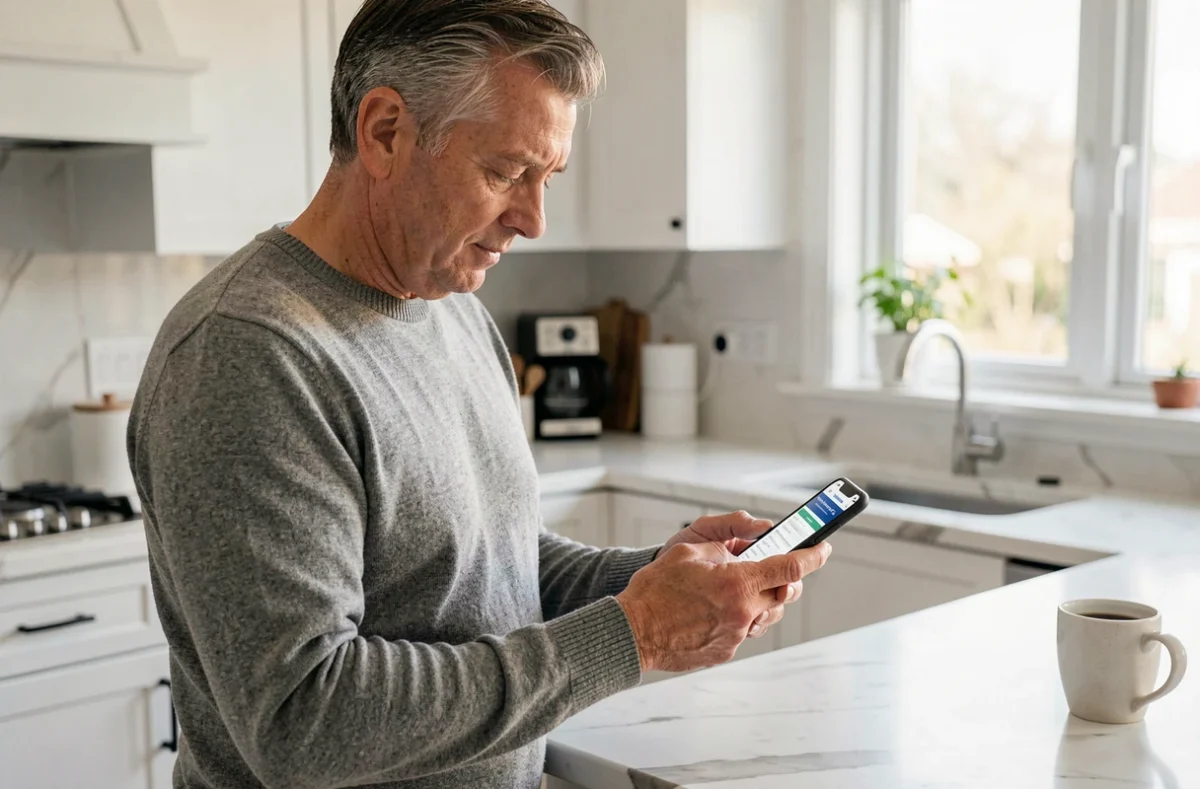 Homme utilisant un smartphone pour effectuer une démarche de levée d'OTCI sur un portail gouvernemental en ligne