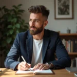 Homme élégant écrivant dans un journal dans un bureau cosy