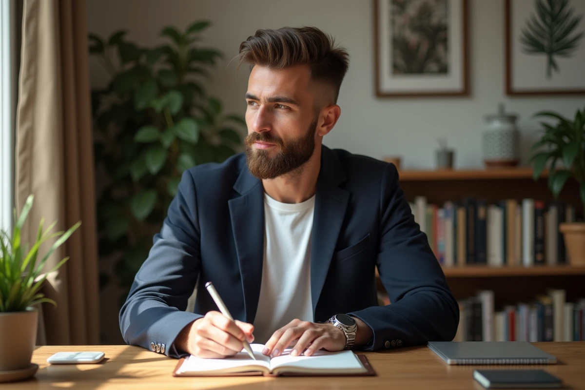 Homme élégant écrivant dans un journal dans un bureau cosy