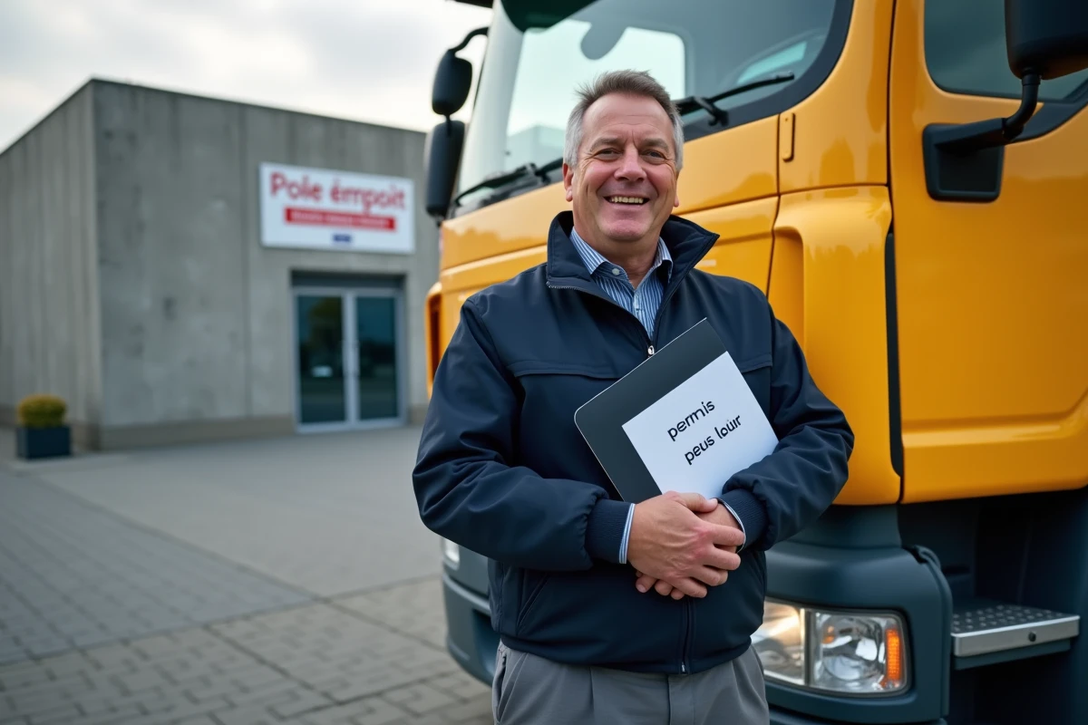 Homme avec permis poids lourd devant camion urbain