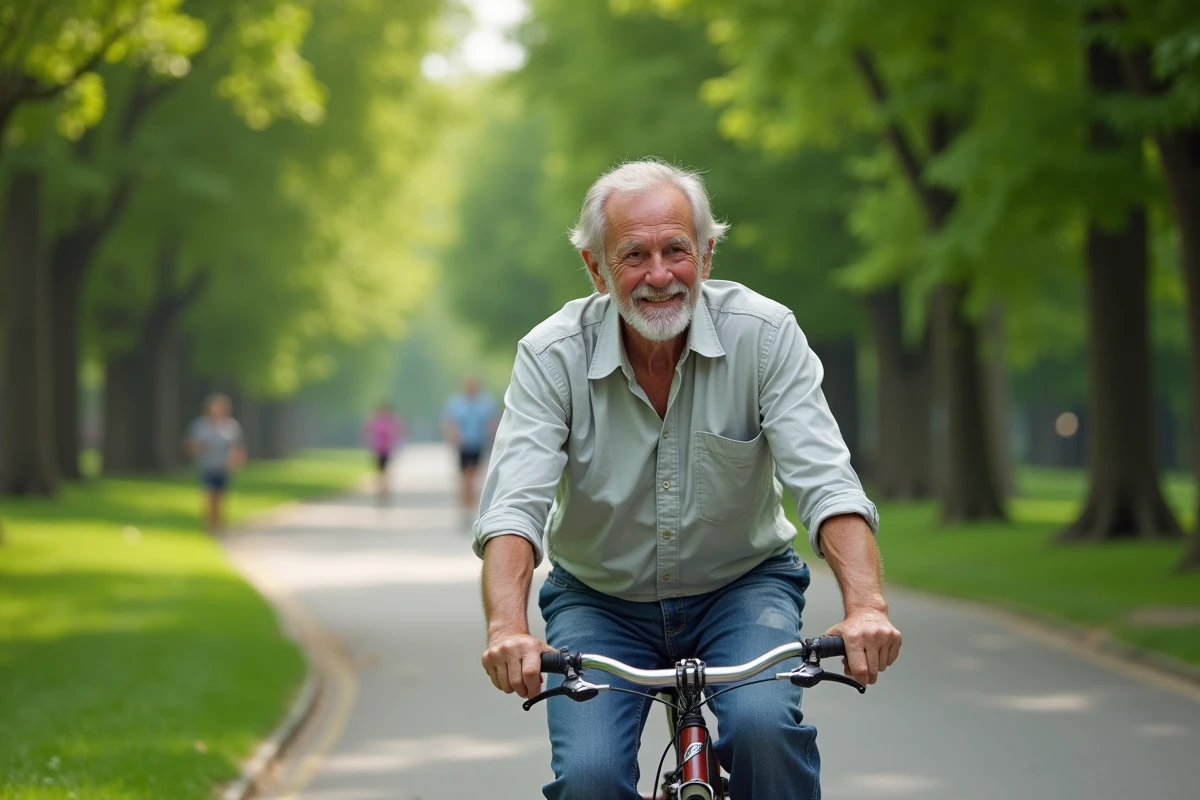 Homme âgé faisant du vélo dans un parc verdoyant