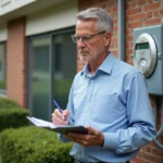 Homme d'âge moyen vérifiant le compteur électrique extérieur