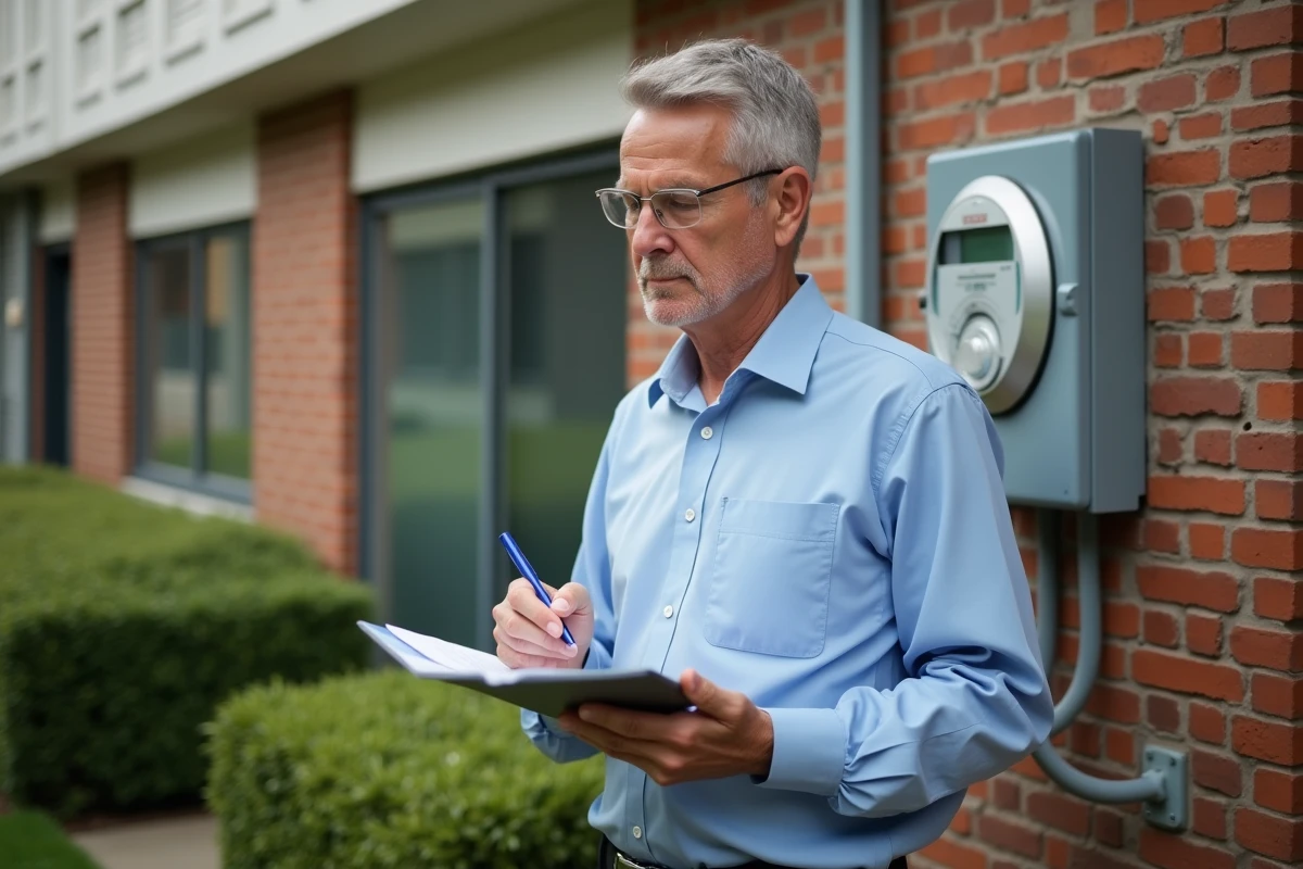 Homme d'âge moyen vérifiant le compteur électrique extérieur