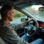 Homme d'âge moyen dans une voiture regardant le tableau de bord
