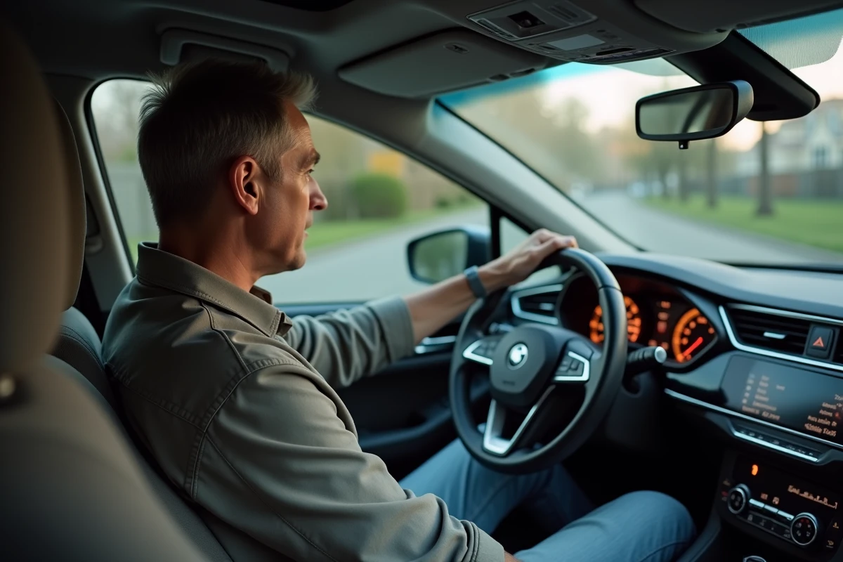 Homme d'âge moyen dans une voiture regardant le tableau de bord