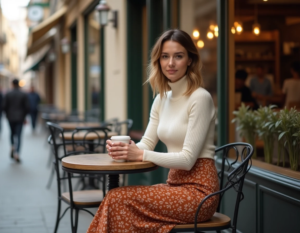 Femme tendance en jupe midi terracotta assise en terrasse de café avec un style personnel affirmé