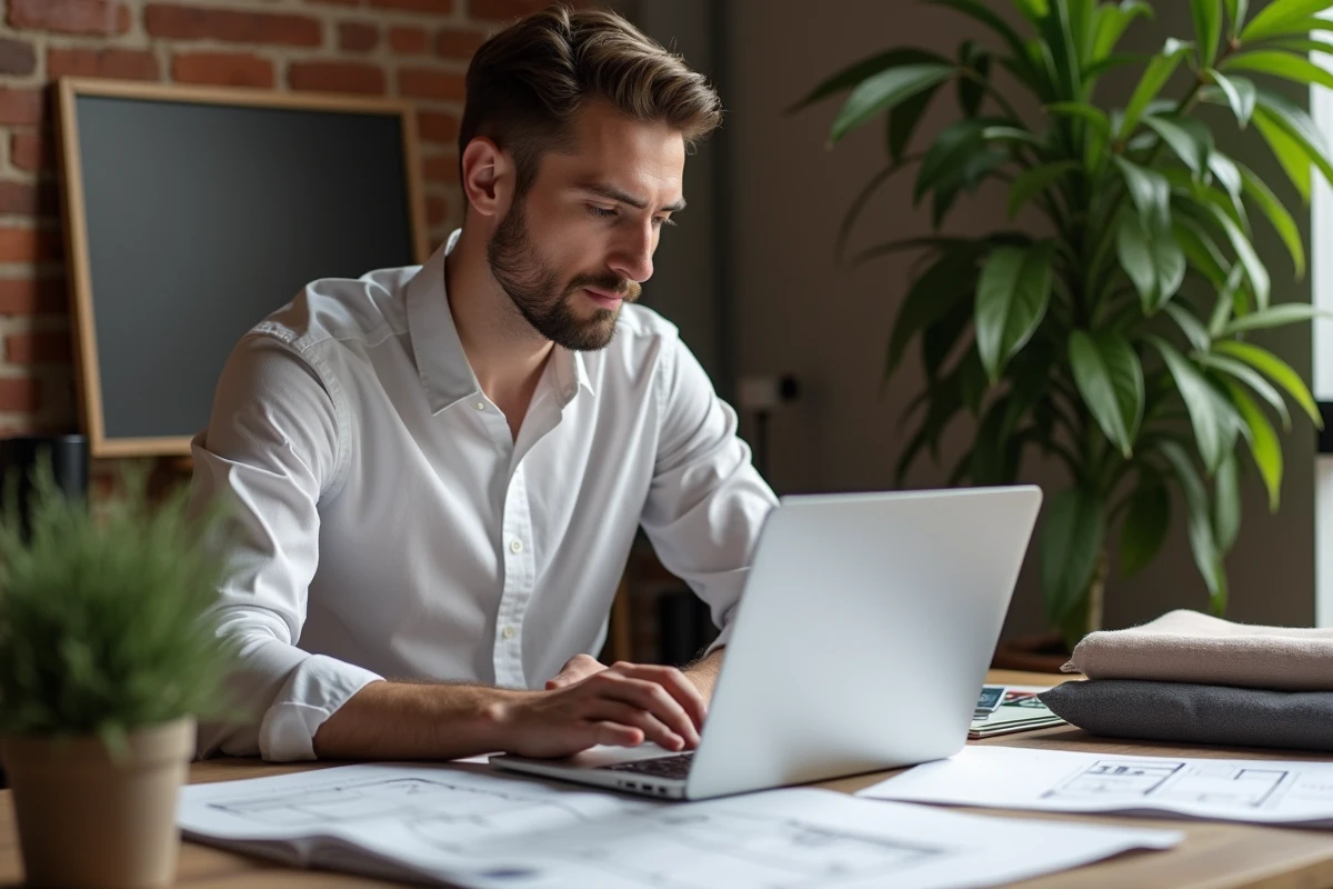 Jeune designer d interieur travaillant sur un plan dans son studio