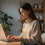 Jeune femme en bureau moderne en train d'éditer son site web