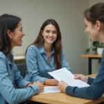Jeune femme en bureau discutant avec conseiller emploi