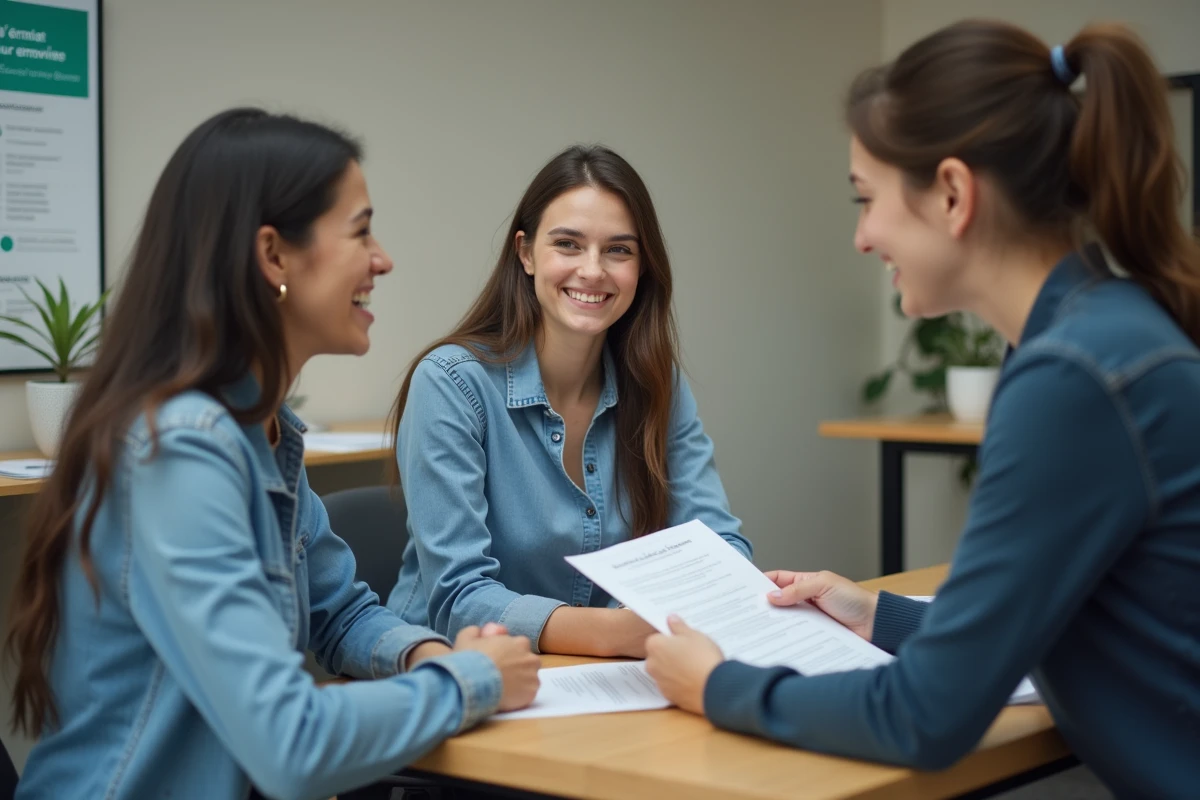 Jeune femme en bureau discutant avec conseiller emploi