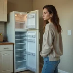 Jeune femme inquiète devant un réfrigérateur dans une cuisine