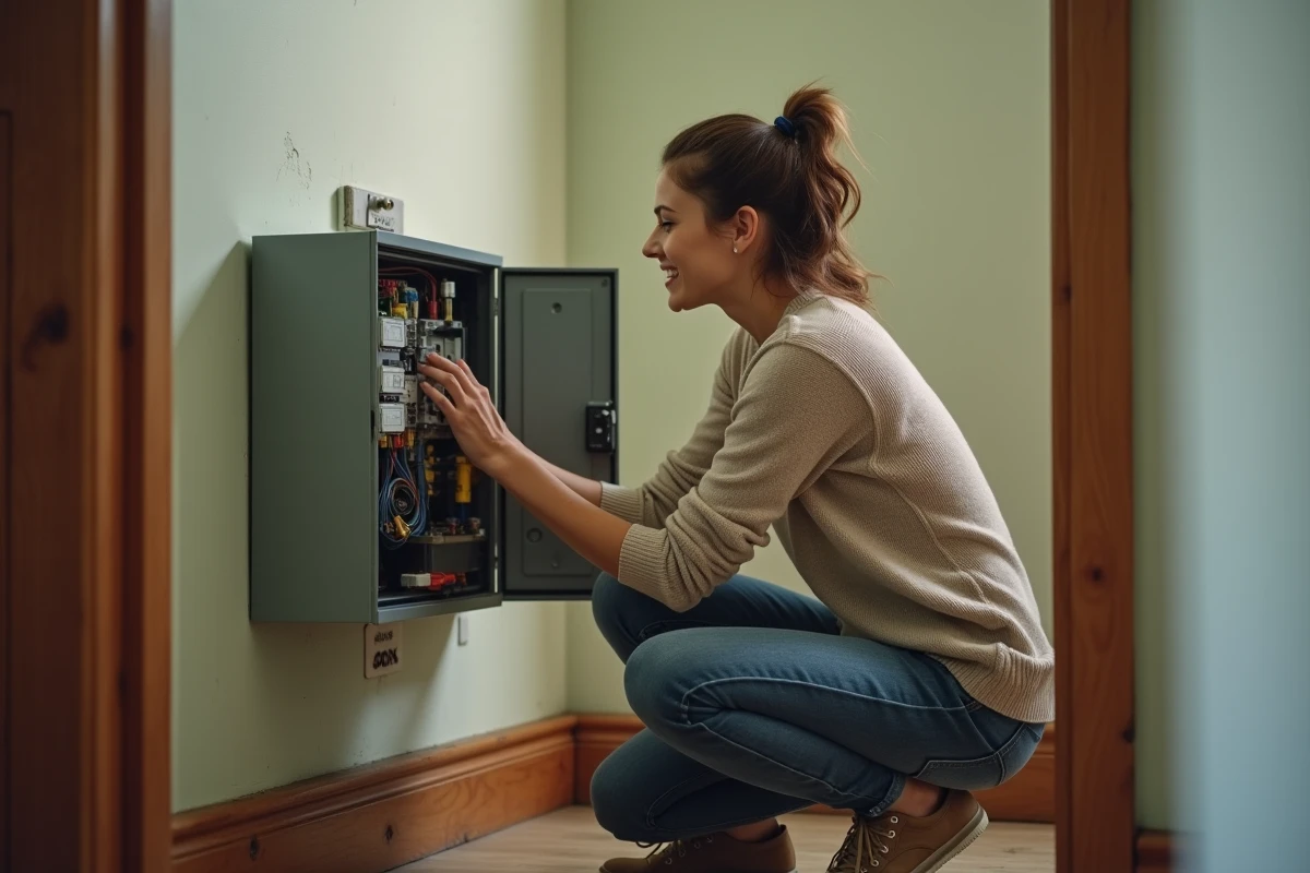 Jeune femme vérifiant le compteur électrique dans le couloir