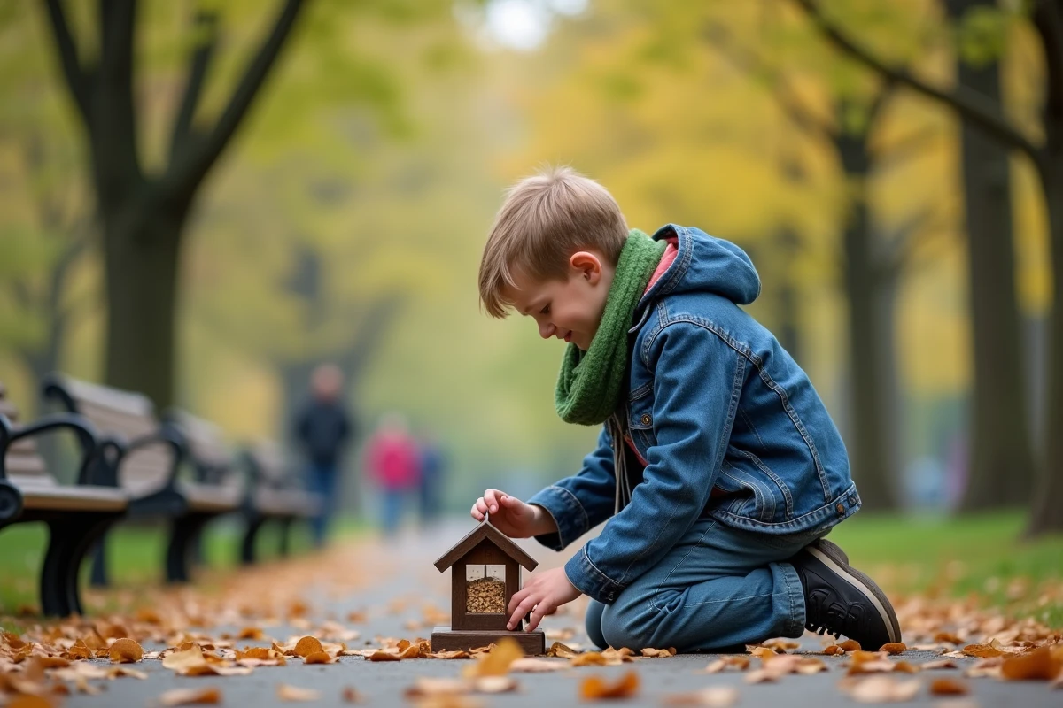 Jeune garçon nourrissant des oiseaux dans un parc urbain