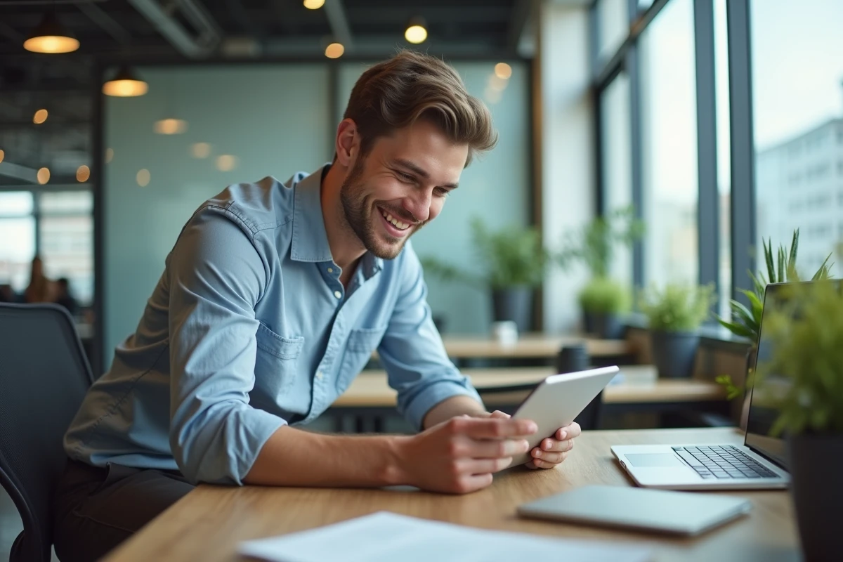 Jeune homme concentré travaillant dans un espace coworking lumineux