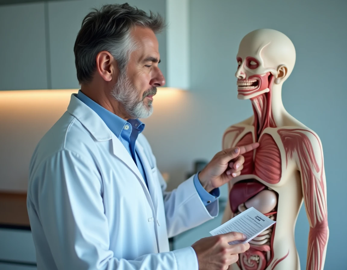 Médecin expliquant la localisation des douleurs d'estomac et de pancréas à l'aide d'un modèle anatomique en consultation médicale
