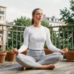 Femme pratiquant la méditation yoga le matin sur un balcon en bois entouré de plantes, pour améliorer son bien-être quotidien