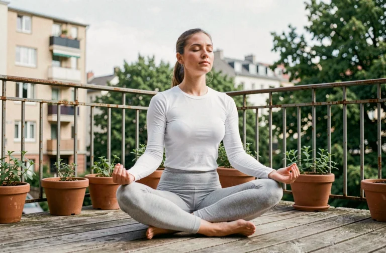 Femme pratiquant la méditation yoga le matin sur un balcon en bois entouré de plantes, pour améliorer son bien-être quotidien