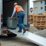 Ouvrier en salopette charge une caisse dans une camionnette
