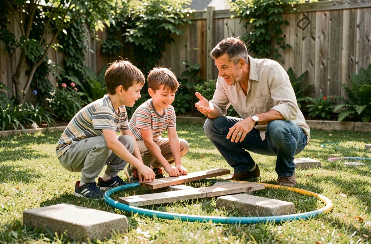Père et deux garçons construisant un parcours d'obstacles ludique dans le jardin, activité de plein air en famille