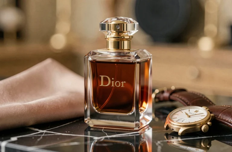 Flacon de parfum Dior homme haut de gamme posé sur marbre noir avec accessoires de luxe